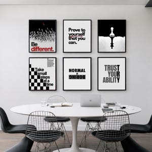 May include: Six framed square wall art prints with black and white motivational typography and graphics. The prints feature phrases including Be different, Prove to yourself that you can, Take small steps at a time, NORMAL IS BORING, and TRUST YOUR ABILITY.