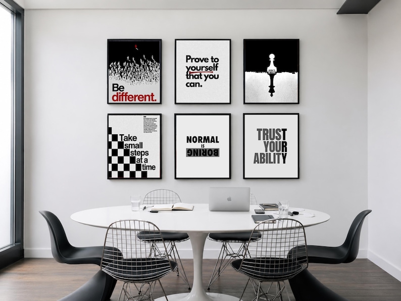 May include: Six framed square wall art prints with black and white motivational typography and graphics. The prints feature phrases including Be different, Prove to yourself that you can, Take small steps at a time, NORMAL IS BORING, and TRUST YOUR ABILITY.