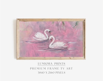 Romantic Pink Swan Lake Samsung Frame TV Art, Vintage White Swans Oil Painting, Soft Pastel Pond Decor, Impressionist Nature Wall Art, 4K, image 1