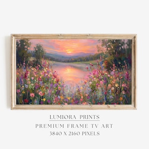 May include: A framed landscape painting shows a sunset over a lake, with colorful wildflowers in the foreground. The artwork is labeled "LUMIRA PRINTS" and "PREMIUM FRAME TV ART" with the resolution 3840 x 2160 pixels.