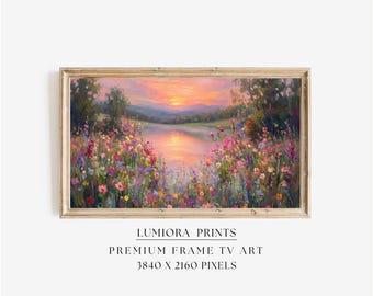 Spring Lake Sunset Samsung Frame TV Art, Wildflower Meadow Oil Painting, Nature Landscape TV Decor, 4K Digital Download, Summer Screen Art