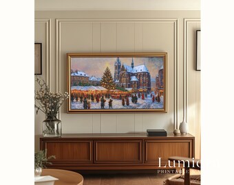 Samsung Frame TV Art Christmas | Vintage European Christmas Market Painting, Snowy Church Scene, Winter Holiday Village, Cozy Festive TV Art, image 4