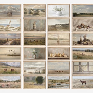 May include: A collection of framed landscape paintings in a vintage style. The artwork features scenes of nature, including seascapes, fields, and still lifes with fruit and flowers. Each piece is framed in a light-colored wooden frame.