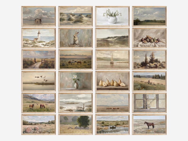 May include: A collection of framed landscape paintings in a vintage style. The artwork features scenes of nature, including seascapes, fields, and still lifes with fruit and flowers. Each piece is framed in a light-colored wooden frame.