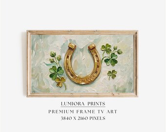 St. Patrick’s Day Samsung Frame TV Art, Golden Lucky Horseshoe Wall Art, Good Luck Shamrock Oil Painting, Irish Holiday Festive Decor, 4K, image 1