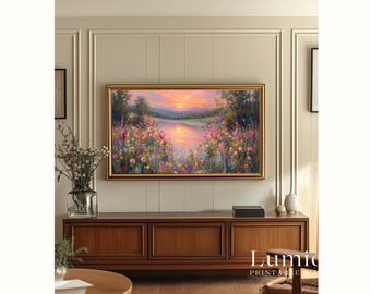 Spring Lake Sunset Samsung Frame TV Art, Wildflower Meadow Oil Painting, Nature Landscape TV Decor, 4K Digital Download, Summer Screen Art, image 5