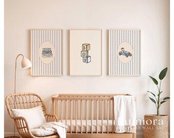 50+ Baby Boy Nursery Prints, Classic Boy Room Decor, Vintage Teddy Bear Art, Blue Striped Wall Art, Retro Car Print, Gallery Wall Set, image 3