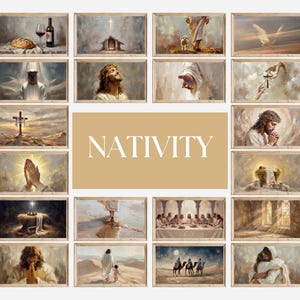 May include: A collection of framed art prints depicting scenes from the Nativity. The artwork features religious figures, landscapes, and symbolic elements, all rendered in a painterly style with warm, earthy tones. The word "NATIVITY" is displayed in the center.