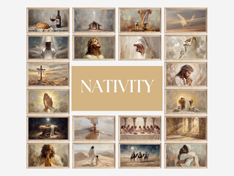 May include: A collection of framed art prints depicting scenes from the Nativity. The artwork features religious figures, landscapes, and symbolic elements, all rendered in a painterly style with warm, earthy tones. The word "NATIVITY" is displayed in the center.