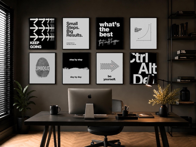 May include: Eight square wall art prints featuring black and white motivational typography and graphics, including phrases like Keep Going, Small Steps Big Results, what's the best, 1% better every day, UNIQUE, step by step day by day, be yourself, and Ctrl Alt Del.