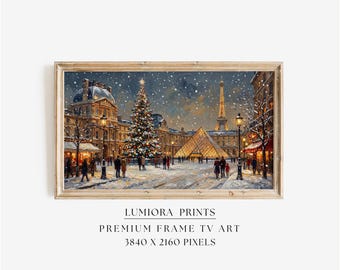 Samsung Frame TV Art Paris Christmas • Louvre Pyramid • Eiffel Tower Winter Painting • Vintage Holiday Wall Art, image 1