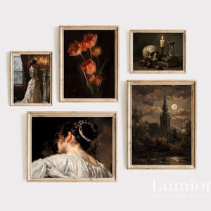 May include: Five framed vintage-style wall art prints are displayed. The prints depict classic paintings with subjects such as flowers, a skull, a woman, and a gothic church. The frames are a light wood colour.