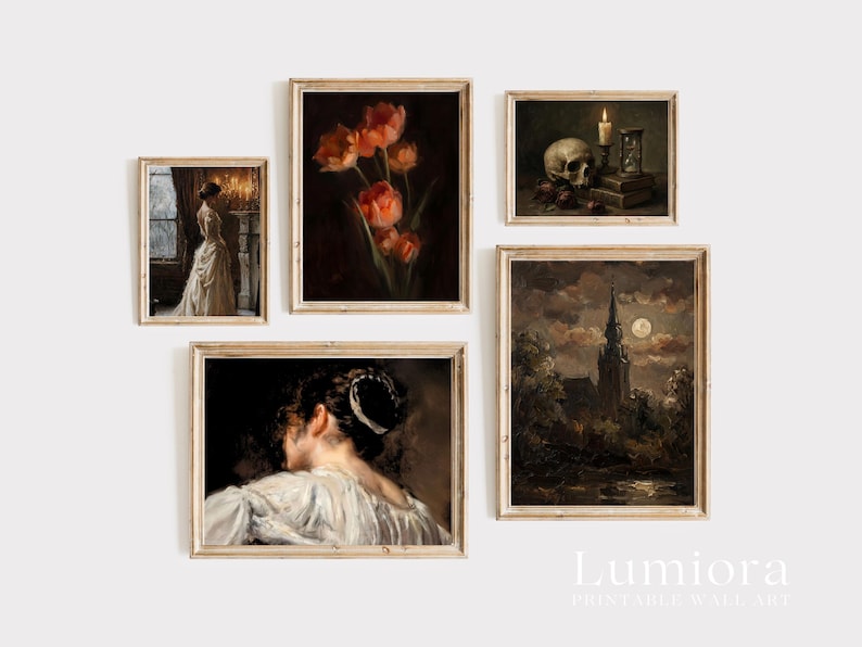 May include: Five framed vintage-style wall art prints are displayed. The prints depict classic paintings with subjects such as flowers, a skull, a woman, and a gothic church. The frames are a light wood colour.