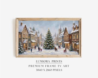 Samsung Frame TV Art Christmas | Vintage Winter Village Scene | Cozy Holiday Town Digital Painting | Snowy Christmas Tree | 4K TV Art, image 1