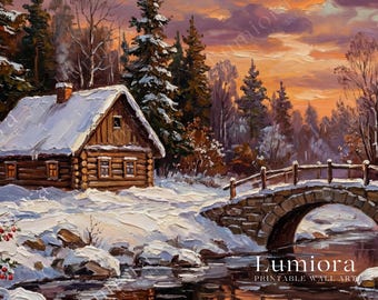 Samsung Frame TV Art Winter Cabin Landscape • Snowy Sunset Painting • Cozy Rustic Bridge Artwork, image 7