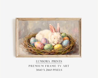 Sleeping Easter Bunny Samsung Frame TV Art, Spring TV Decor, Rabbit Oil Painting, 4K Digital Download, Holiday Screen Art, Nursery Wall Art, image 1