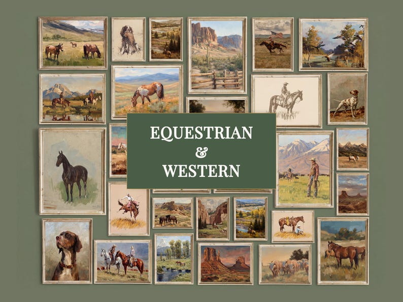 May include: A collection of framed equestrian and Western-themed art prints. The prints feature horses, cowboys, landscapes, and dogs in various settings. The color palette includes earth tones, blues, and greens, with a vintage aesthetic. The text "EQUESTRIAN & WESTERN" is displayed.