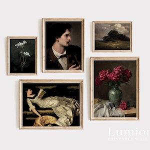 May include: Five framed vintage art prints are displayed. The prints showcase classic paintings, including a portrait, a landscape, and a still life with roses. The frames are light wood, creating an antique and elegant aesthetic.