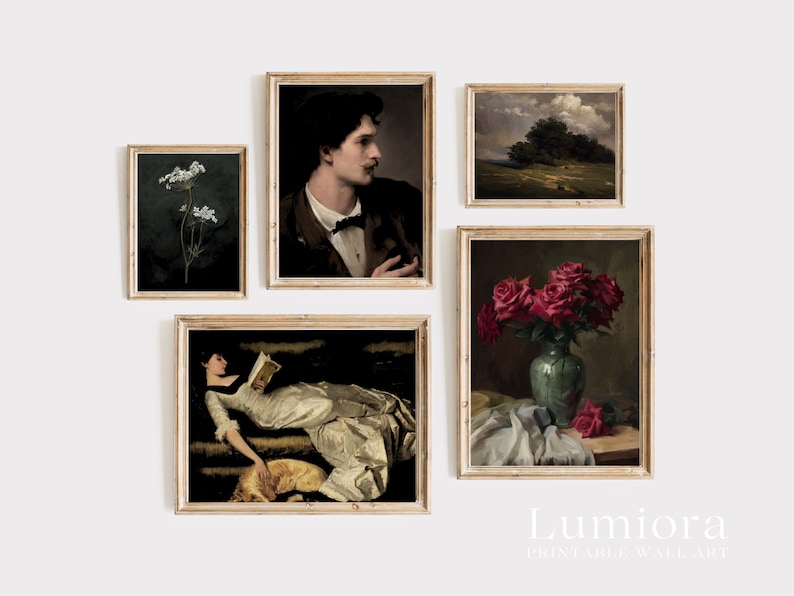 May include: Five framed vintage art prints are displayed. The prints showcase classic paintings, including a portrait, a landscape, and a still life with roses. The frames are light wood, creating an antique and elegant aesthetic.