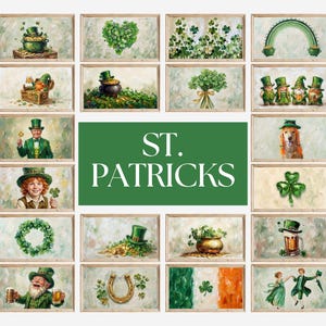 May include: A collection of framed art prints with a St. Patrick's Day theme. The prints feature images of leprechauns, shamrocks, pots of gold, and the text "ST. PATRICKS" in a green banner.