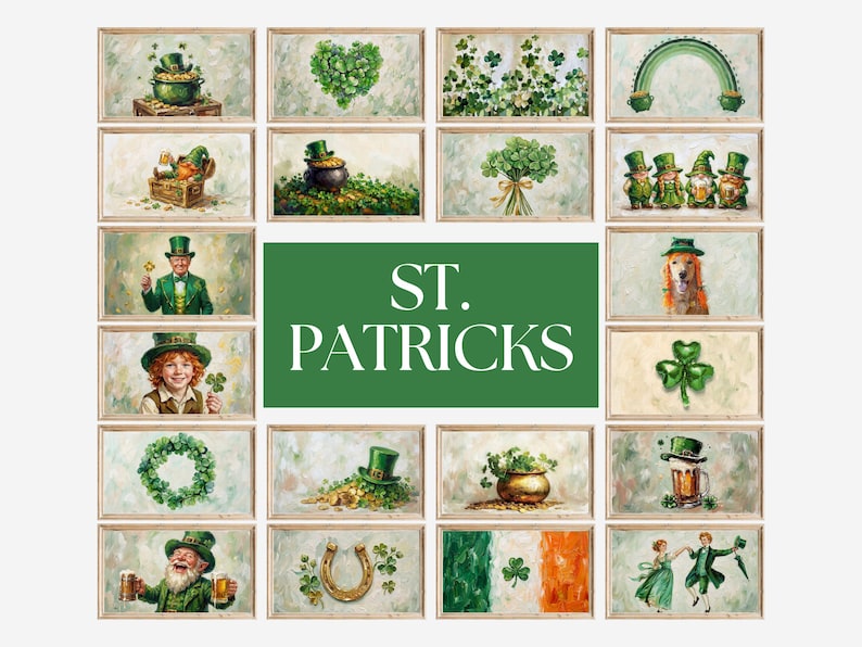 May include: A collection of framed art prints with a St. Patrick's Day theme. The prints feature images of leprechauns, shamrocks, pots of gold, and the text "ST. PATRICKS" in a green banner.