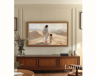 Jesus Walking with Child TV Art, Christ Leading Little One Christian Oil Painting, Divine Guidance Samsung Frame TV Art, image 5