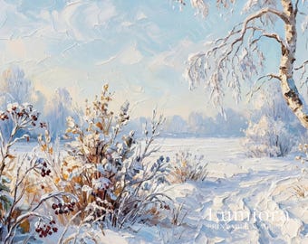 Samsung Frame TV Art Winter Landscape • Snowy Birch Tree Painting • Cozy Scandinavian Nature Decor, image 7