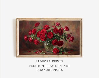 Romantic Red Flowers Samsung Frame TV Art, Vintage Floral Oil Painting, Glass Vase Still Life, Soft Purple Background, Spring Decor, 4K, image 1