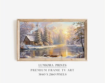 Samsung Frame TV Art Winter Cabin Landscape • Snowy River Sunrise Painting • Cozy Rustic Nature Artwork, image 1