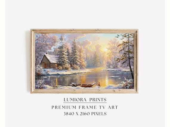 Samsung Frame TV Art Winter Cabin Landscape • Snowy River Sunrise Painting • Coz