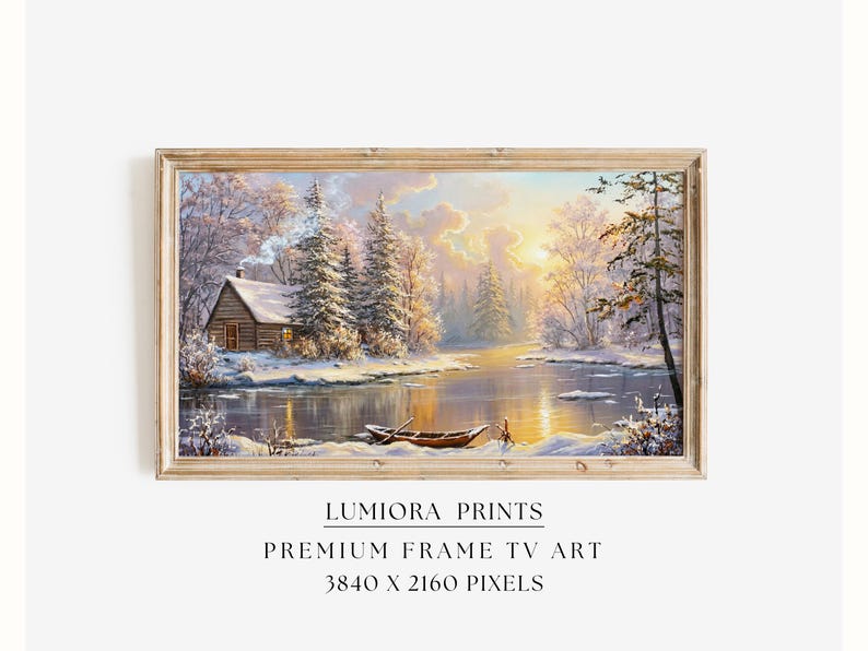 Samsung Frame TV Art Winter Cabin Landscape • Snowy River Sunrise Painting • Coz