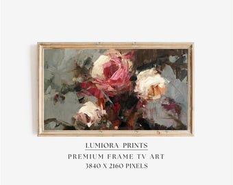 Romantic Pink Roses Samsung Frame TV Art, Abstract Floral Oil Painting, Textured Wildflower Still Life, Impressionist Decor, 4K, image 1