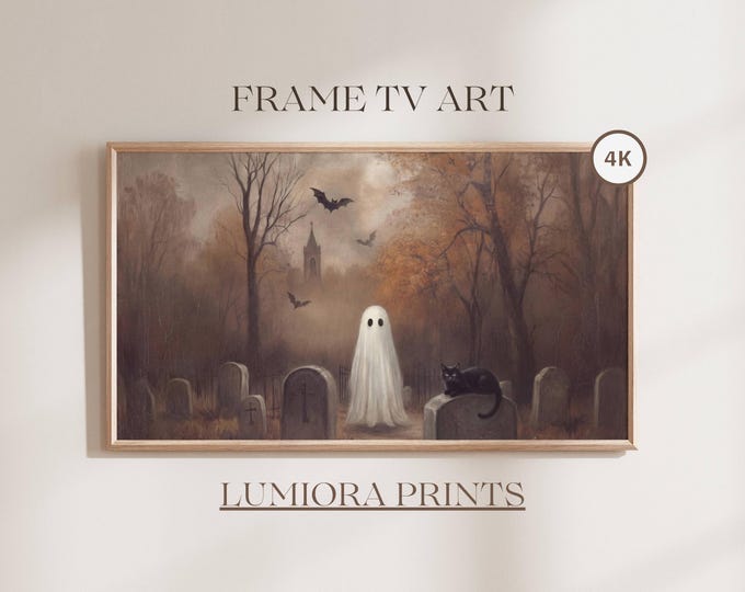 Halloween Frame TV Art, Ghost and Black Cat in Cemetery…