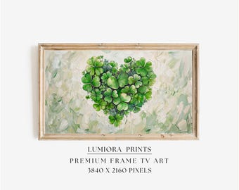St. Patrick’s Day Samsung Frame TV Art, Lucky Clover Heart TV Decor, Green Aesthetic Screen Art, Irish Holiday Background, 4K Digital Art, image 1