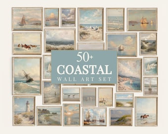 50+ Coastal Gallery Wall, Coastal Wall Art Set, Nautical Prints, Beach Wall Art, Seascape Painting, Retro Coastal Art, Ocean Prints