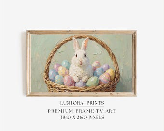 Easter Bunny Basket Samsung Frame TV Art, Spring TV Decor, Rabbit Oil Painting, 4K Digital Download, Holiday Screen Art, Nursery Wall Decor, image 1