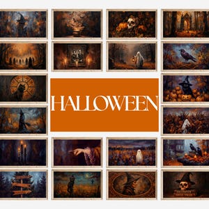 May include: A collection of framed Halloween-themed art prints. The images feature spooky scenes with witches, ghosts, pumpkins, and crows. The word "HALLOWEEN" is displayed in large white letters on an orange background.