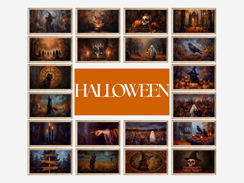 May include: A collection of framed Halloween-themed art prints. The images feature spooky scenes with witches, ghosts, pumpkins, and crows. The word "HALLOWEEN" is displayed in large white letters on an orange background.