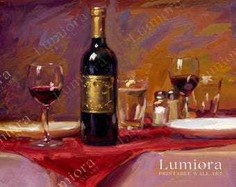 Romantic Wine Dinner Samsung Frame TV Art, Modern Impressionist Still Life, Red Wine Bottle and Glasses Oil Painting, Dining Room Decor, 4K, image 4