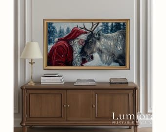 Samsung Frame TV Art Christmas Santa & Reindeer • Emotional Winter Oil Painting • Cozy Holiday Decor • Nordic Rustic Cabin Christmas Art, image 5