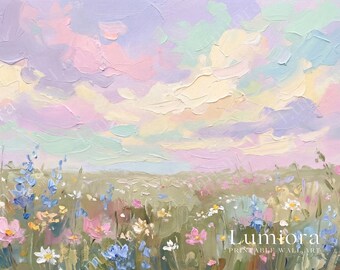 Spring Meadow Samsung Frame TV Art, Pastel Sky Wildflower Landscape Oil Painting, 4K Digital Download, Cottagecore Screen Art, Easter Decor, image 7