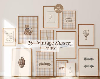 25+ Vintage Boy Nursery Prints, Classic Boy Room Decor, Plaid Nursery Wall Art, Baby Boy Gallery Set, Sports Nursery Decor, Boy Art Bundle