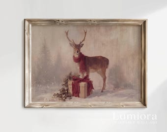 Vintage Christmas Deer Painting, Reindeer with Red Scarf Print, Winter Wall Art, Printable Holiday Decor, Antique Christmas Art Download, image 6