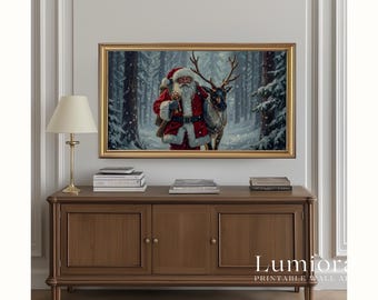 Samsung Frame TV Art Santa & Reindeer • Vintage Christmas Painting • Nordic Winter Forest Wall Art • Cozy Holiday Digital Download, image 5