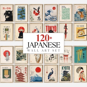 120点以上の日本の壁掛けアートセット、ジャパンディギャラリーウォール、浮世絵プリントセット、ヴィンテージジャパンポスター、アジアンウォールデコレーション、日本のアートプリント