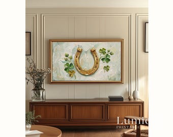 St. Patrick’s Day Samsung Frame TV Art, Golden Lucky Horseshoe Wall Art, Good Luck Shamrock Oil Painting, Irish Holiday Festive Decor, 4K, image 5