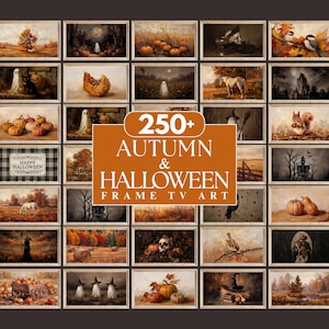 May include: A collection of 250+ digital art prints for frame TVs featuring autumn and Halloween themes. The grid displays various scenes including pumpkins, ghosts, fall landscapes, wildlife, and spooky houses with the text 250+ AUTUMN & HALLOWEEN FRAME TV ART.