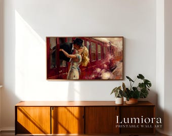 Samsung Frame TV Art Valentine's Day, Vintage Train Kiss Oil Painting, Romantic Couple, Retro Love Story, Anniversary Gift, 4K Download, image 3