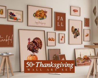 50+ Thanksgiving Prints, Fall Gallery Wall, Turkey Painting Set, Autumn Wall Decor, Give Thanks Poster, Thanksgiving Art, image 1