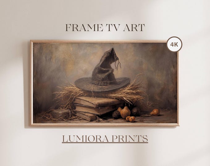 Witch Hat Frame TV Art, Vintage Halloween Still Life Oil…